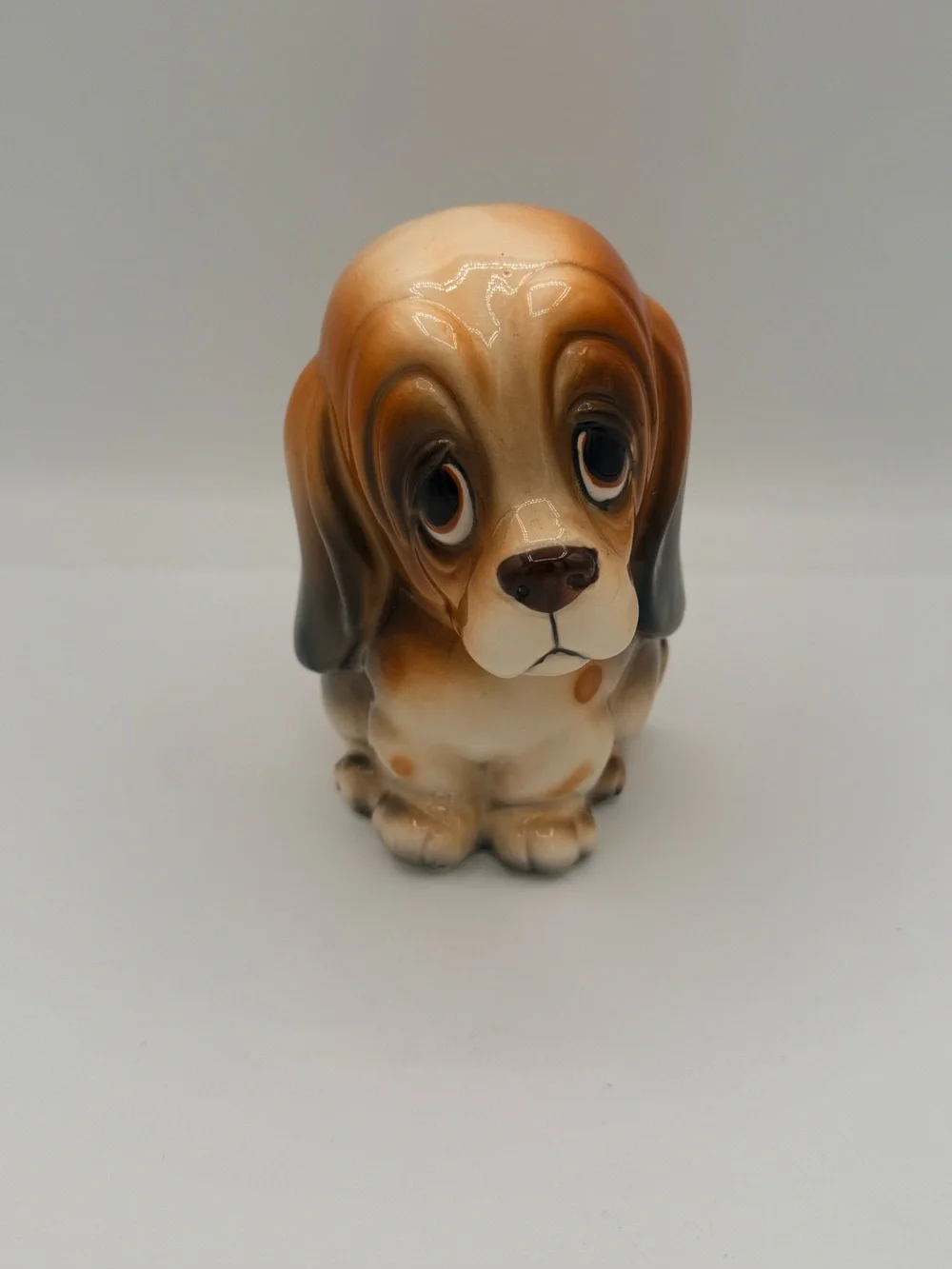 Vintage MCM Ceramic Basset Hound Dog Coin Bank Sad Droopy Eyes Kitsch